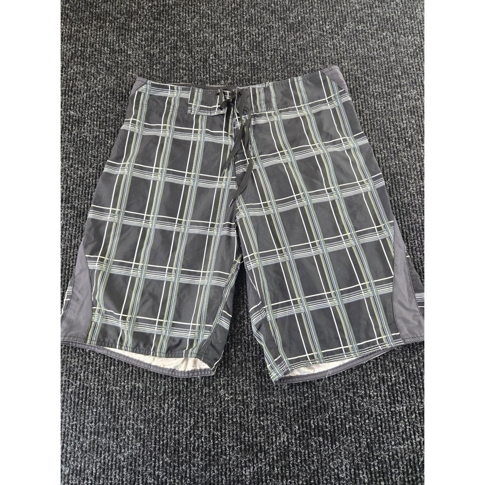 Burnside Mens Plaid Board Shorts Black Green Grey Size 36 Swim Trunks Surfwear